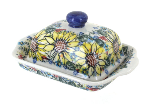 Polish Pottery Sunflower Maze Square Butter Dish
