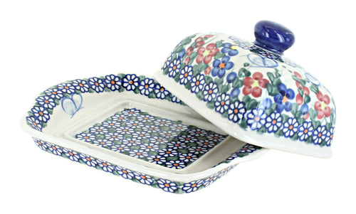 Garden Butterfly Square Butter Dish Polish Pottery