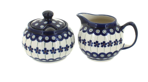 Polish Pottery Flowering Peacock Cream & Sugar Set