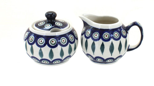Polish Pottery Peacock Cream & Sugar Set