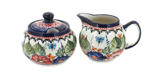 Polish Pottery Floral Butterfly Cream & Sugar Set