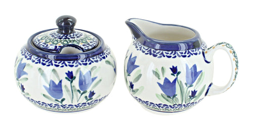 Polish Pottery Blue Tulip Cream & Sugar Set