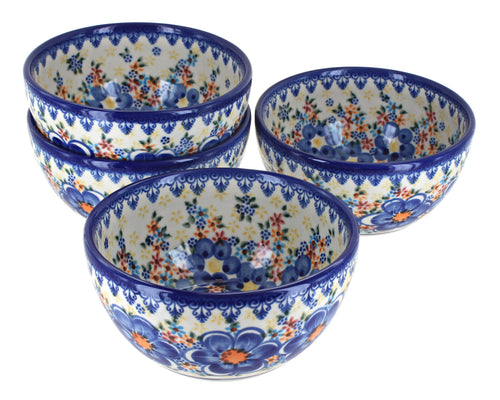 Polish Pottery Blue Dahlia 4 PC Dessert Bowl Set