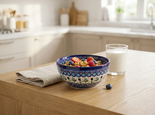 A ceramic bowl with a blue and white floral pattern sits on a wooden kitchen island, filled with granola, berries, and a glass of milk is also present in the scene.
