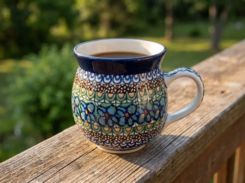 A ceramic coffee mug with a colorful floral pattern and dark blue rim, filled with coffee and resting on a wooden deck railing with a blurred green outdoor background.