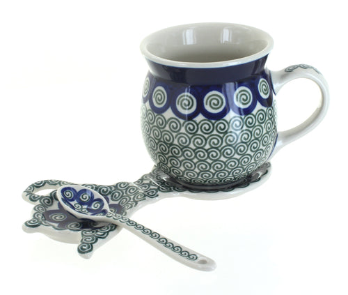 Polish Pottery Peacock Swirl Mug & Saucer Gift Set