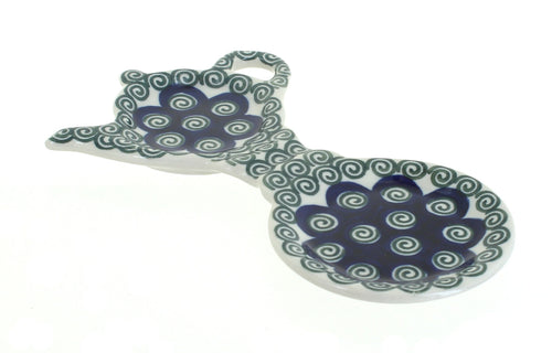 Polish Pottery Peacock Swirl Tea Bag Holder & Saucer