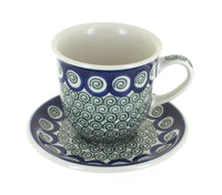 Polish Pottery Peacock Swirl Cup & Saucer