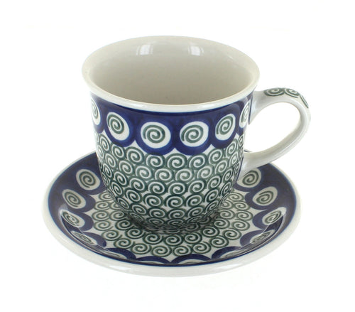 Polish Pottery Peacock Swirl Cup & Saucer