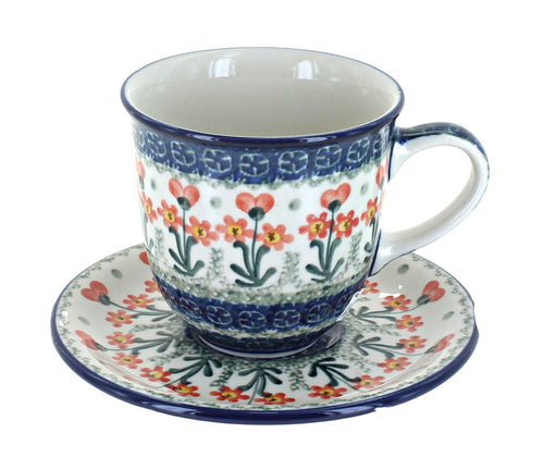 Polish Pottery Peach Posy Coffee Mug & Saucer