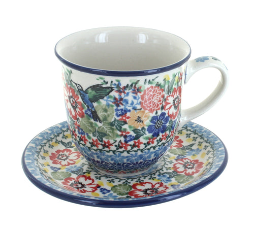 Polish Pottery Hummingbird Coffee Mug & Saucer