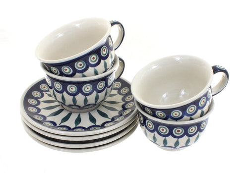Polish Pottery Peacock 4 Piece Cup & Saucer Set
