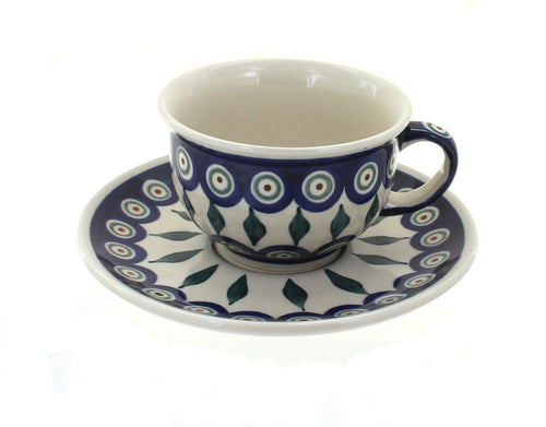 Polish Pottery Peacock Cup & Saucer
