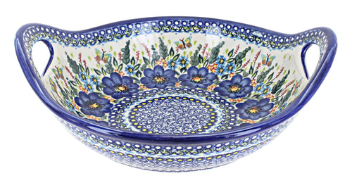 Polish Pottery Garden of Blue Deep Bowl with Handles
