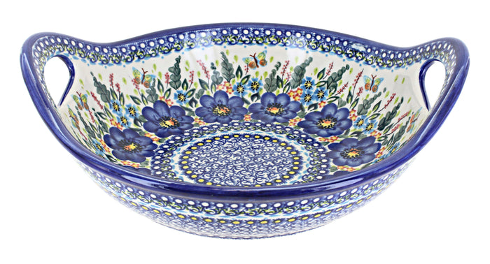 Polish Pottery Garden of Blue Deep Bowl with Handles