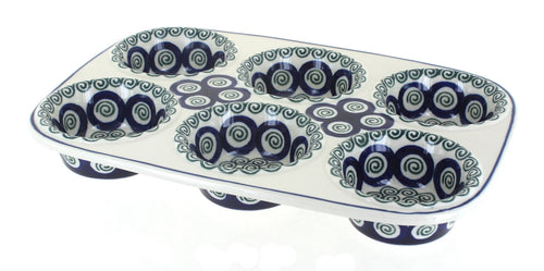Polish Pottery Peacock Swirl Muffin Pan