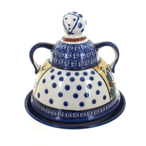 Polish Pottery Grapes Cheese Lady with Cobalt Trim