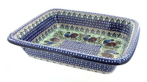 Polish Pottery Rooster Row Medium Rectangular Baker