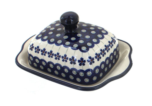 Polish Pottery Flowering Peacock Square Butter Dish