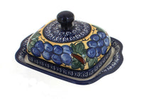 Polish Pottery Grapes Square Butter Dish with Cobalt Trim