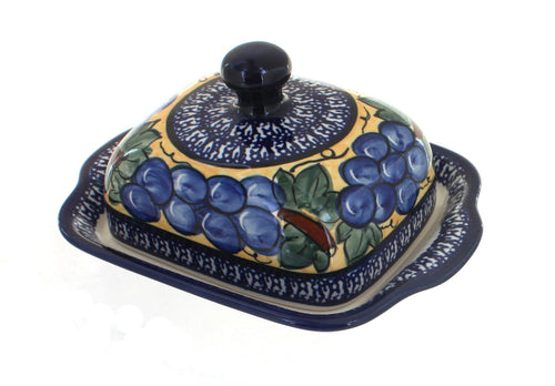 Polish Pottery Grapes Square Butter Dish with Cobalt Trim