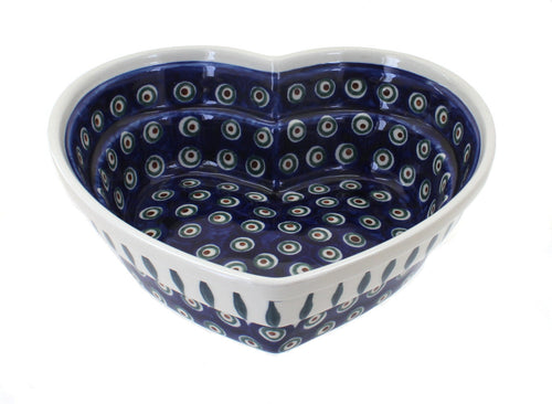Polish Pottery Peacock Large Heart Bowl