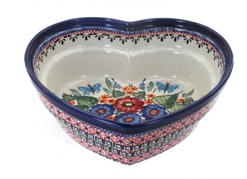 Polish Pottery Floral Butterfly Large Heart Bowl