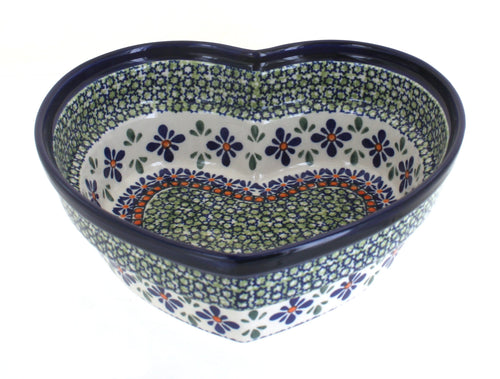 Polish Pottery Mosaic Flower Large Heart Bowl