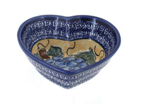 Polish Pottery Grapes Small Heart Bowl with Cobalt Rim
