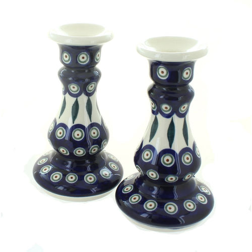 Polish Pottery Peacock Candlestick Pair