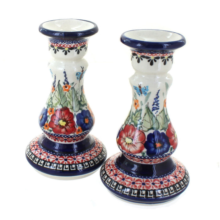 Polish Pottery Floral Butterfly Candle Stick Pair