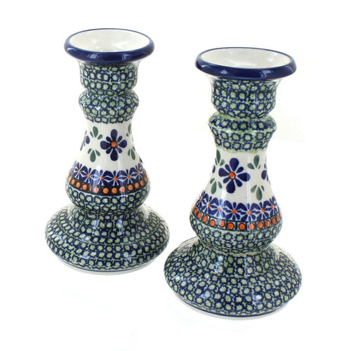 Polish Pottery Mosaic Flower Candlestick Pair