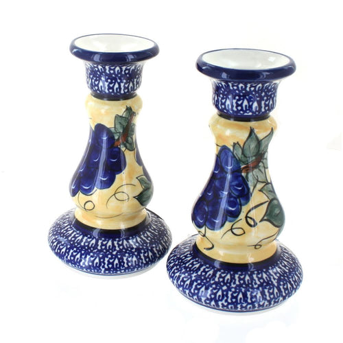 Polish Pottery Grapes Candlestick Pair with Cobalt Trim