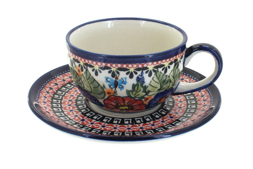 Polish Pottery Floral Butterfly Cup & Saucer