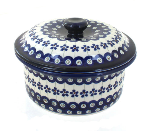 Polish Pottery Flowering Peacock Round Baker with Lid