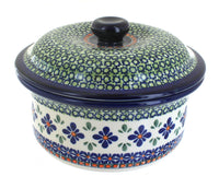 Polish Pottery Mosaic Flower Round Baker with Lid