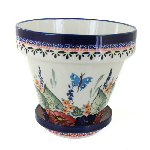 Polish Pottery Floral Butterfly Medium Flower Pot