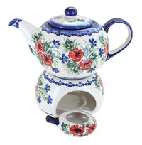 Polish Pottery Cherry Red Bouquet Teapot with Warmer & Candle Holder