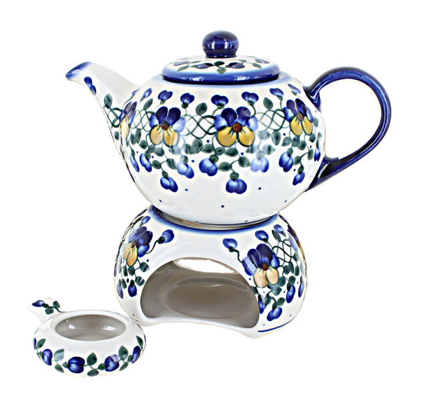 Pansies Teapot with Warmer & Candle Holder