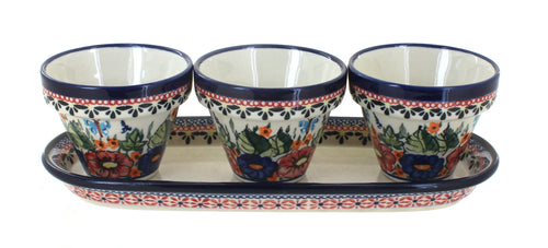 Polish Pottery Floral Butterfly Flower Pots with Tray