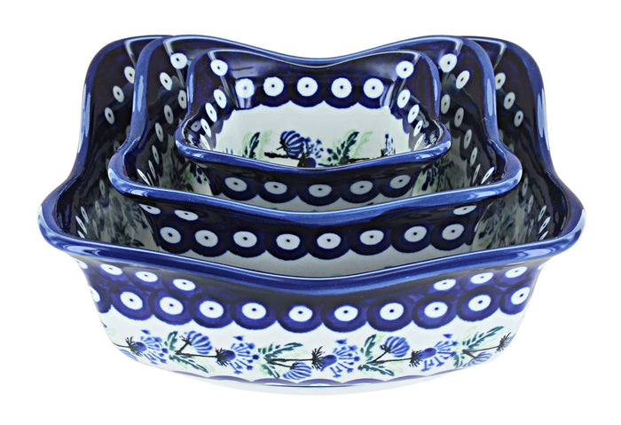 Polish Pottery Sweet Annie 3 Piece Square Scallop Bowl Set