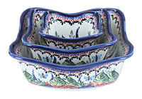 Polish Pottery Floral Butterfly 3 Piece Square Scallop Bowl Set