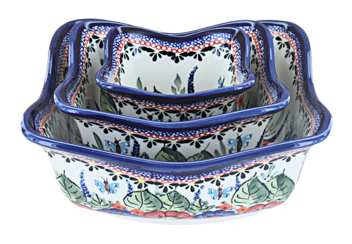 Polish Pottery Floral Butterfly 3 Piece Square Scallop Bowl Set