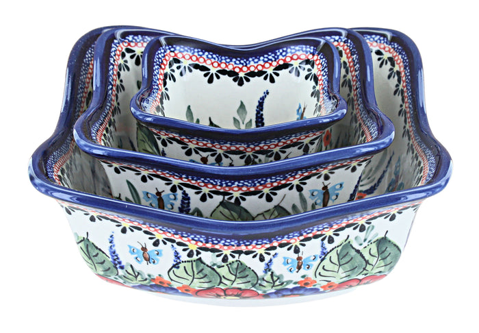 Polish Pottery Floral Butterfly 3 Piece Square Scallop Bowl Set