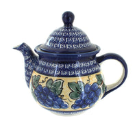 Polish Pottery Grapes Large Teapot with Cobalt Rim