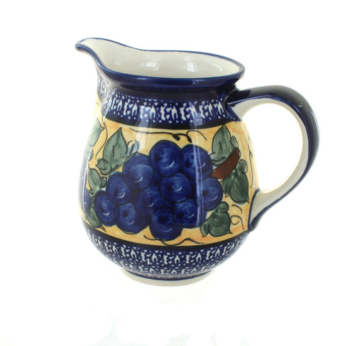 Polish Pottery Grapes Small Pitcher with Cobalt Trim