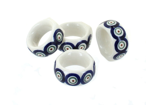 Polish Pottery Peacock Napkin Ring Set