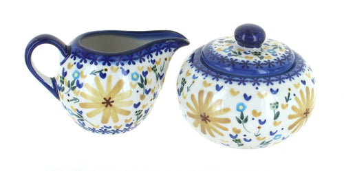 Polish Pottery Yellow Daisy Sugar Bowl & Creamer Set