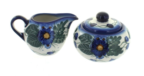 Polish Pottery Forget Me Not Sugar Bowl & Creamer Set