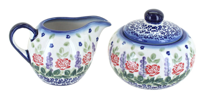 Polish Pottery Roses Are Red Sugar Bowl & Creamer Set